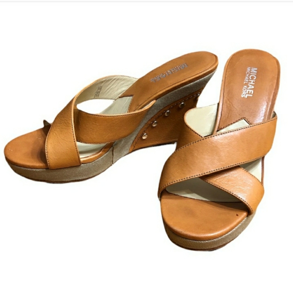 MICHAEL MICHAEL KORS Camel Cross Strap Leather & Canvas Wedges Size 7 EU…